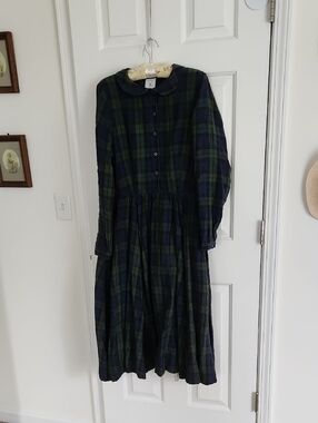 Son de Flor Classic Dress Long Sleeve Blue/Green Tartan Size Medium